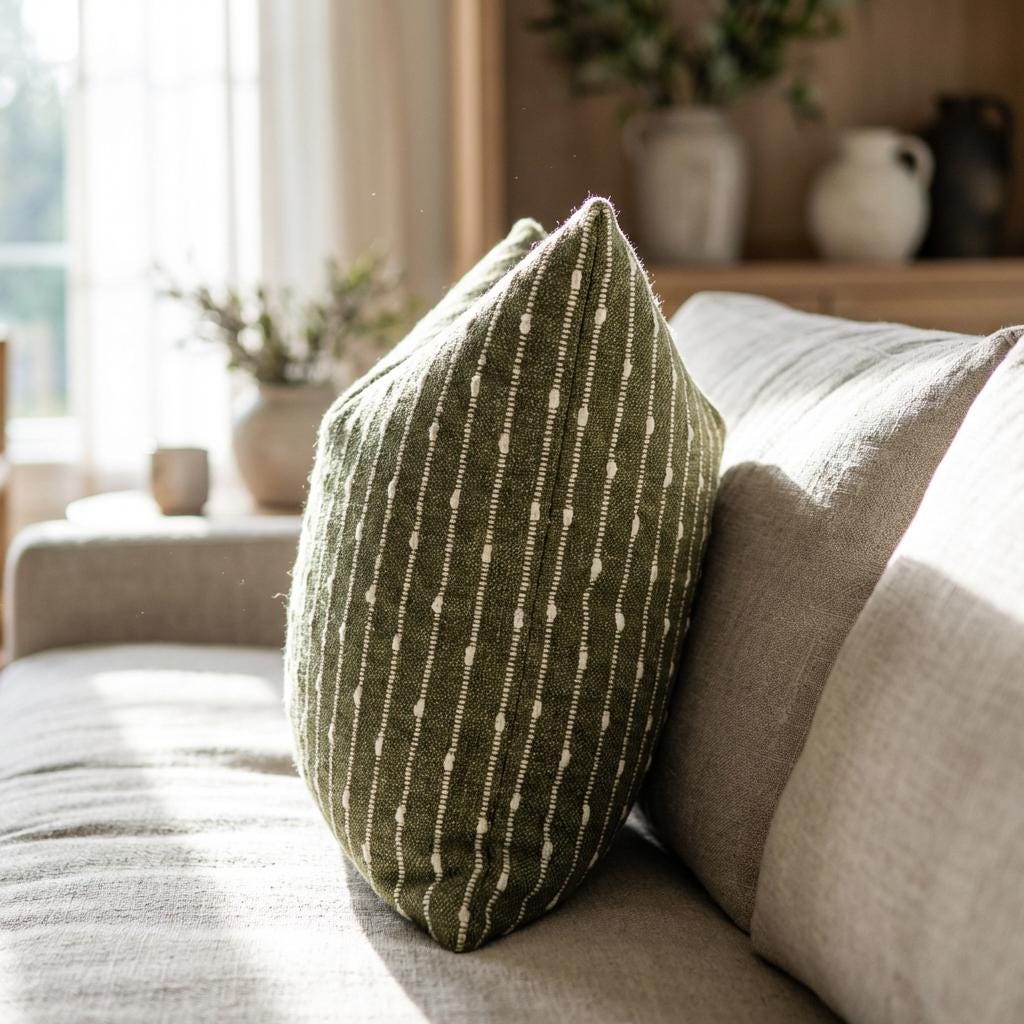 Olive green jacquard boucle pillow with white textured stripes displayed on a light grey modern sofa in a sunlit living room.