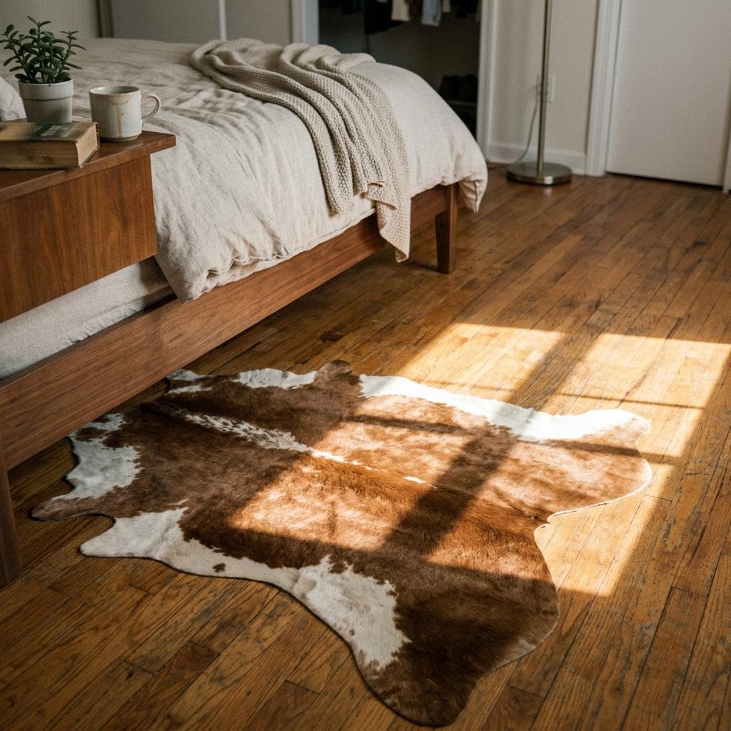 Vegan leather faux cowhide rug in brown and white styled in bedroom on wood floor – Larissa Home Decor
