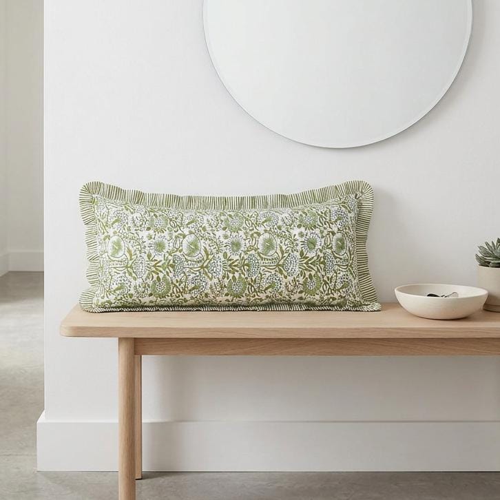Floral Hand Block Print Bolster Pillow Cover with Ruffle Trim