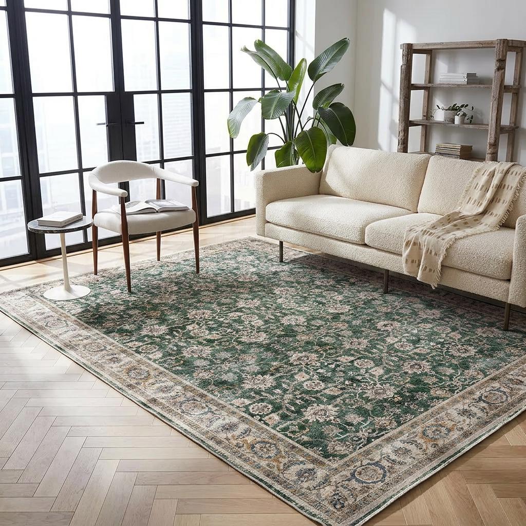Green Turkish Rug Vintage Area Rug Distressed Floral Oushak Style