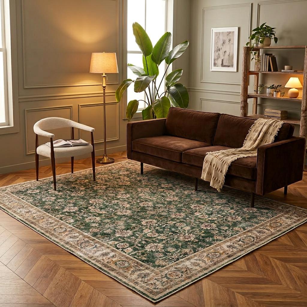 Green Turkish Rug Vintage Area Rug Distressed Floral Oushak Style