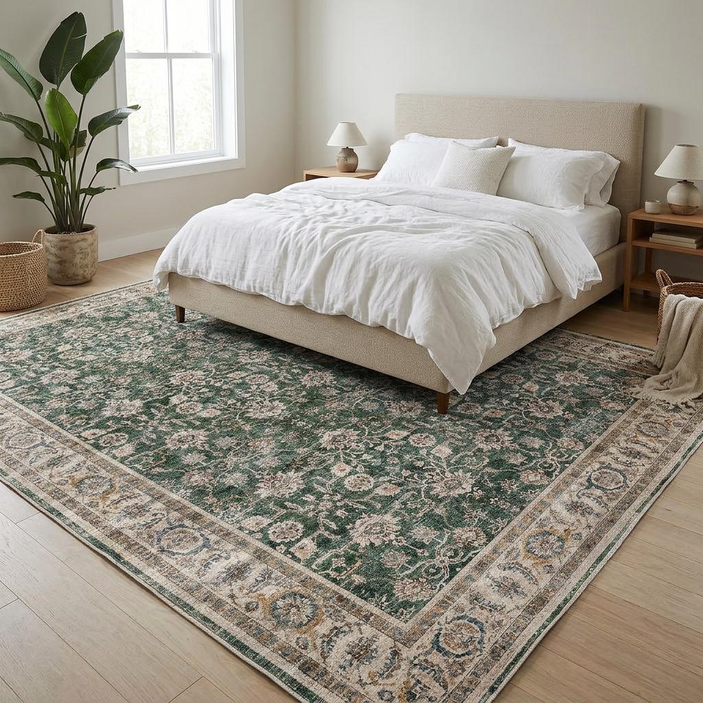 Green Turkish Rug Vintage Area Rug Distressed Floral Oushak Style