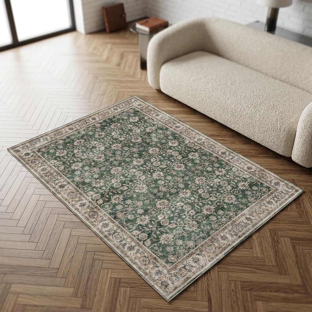 Green Turkish Rug Vintage Area Rug Distressed Floral Oushak Style