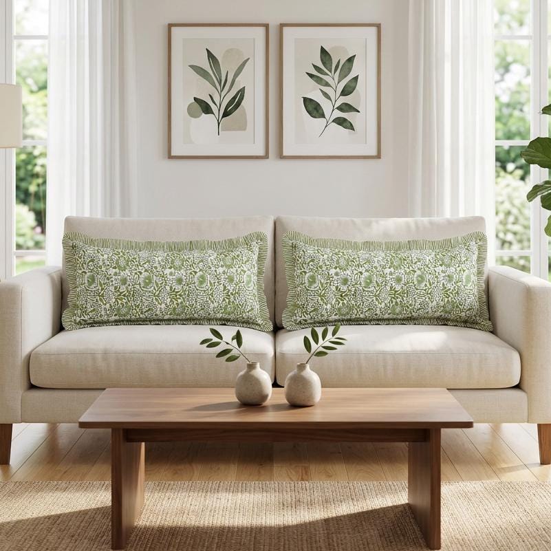 Sage green floral block print bolster pillow covers styled on a beige sofa in a bright living room