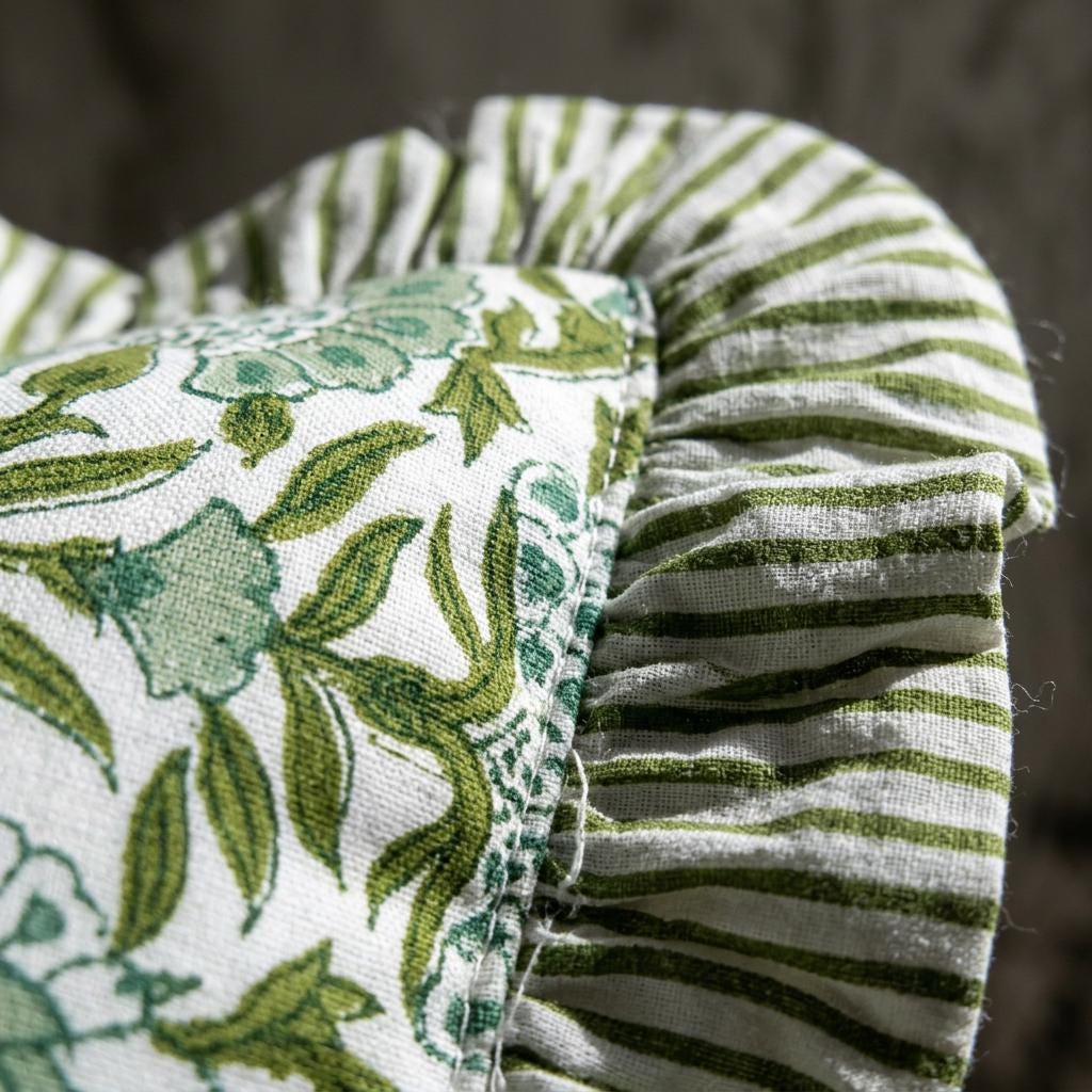 Close-up of hand block print cotton fabric texture and gathered striped ruffle trim detail on bolster pillow cover