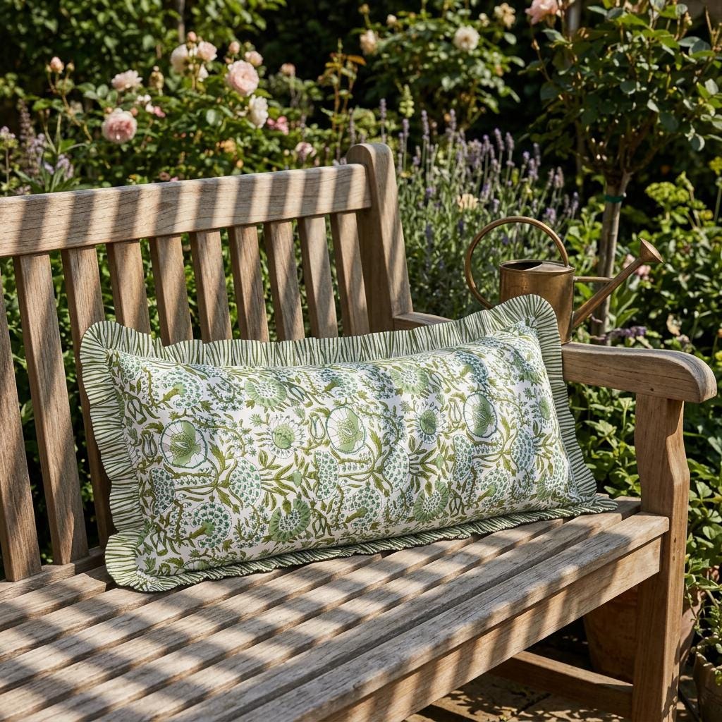 Floral Hand Block Print Bolster Pillow Cover with Ruffle Trim