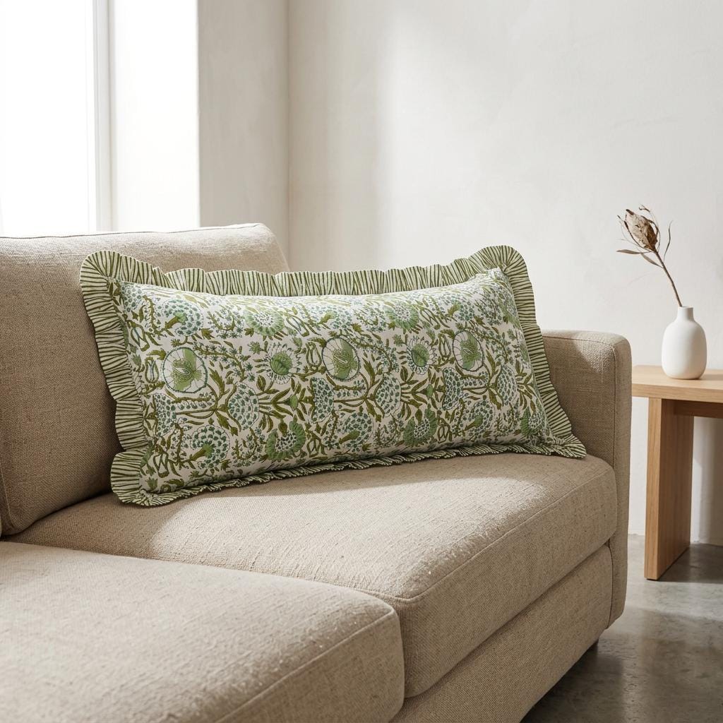 Floral Hand Block Print Bolster Pillow Cover with Ruffle Trim
