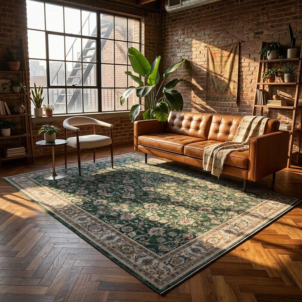 Green Turkish Oushak style area rug in modern loft living room with leather sofa