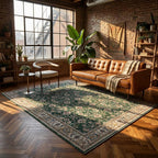 Green Turkish Oushak style area rug in modern loft living room with leather sofa