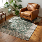 Green Turkish Rug Vintage Area Rug Distressed Floral Oushak Style