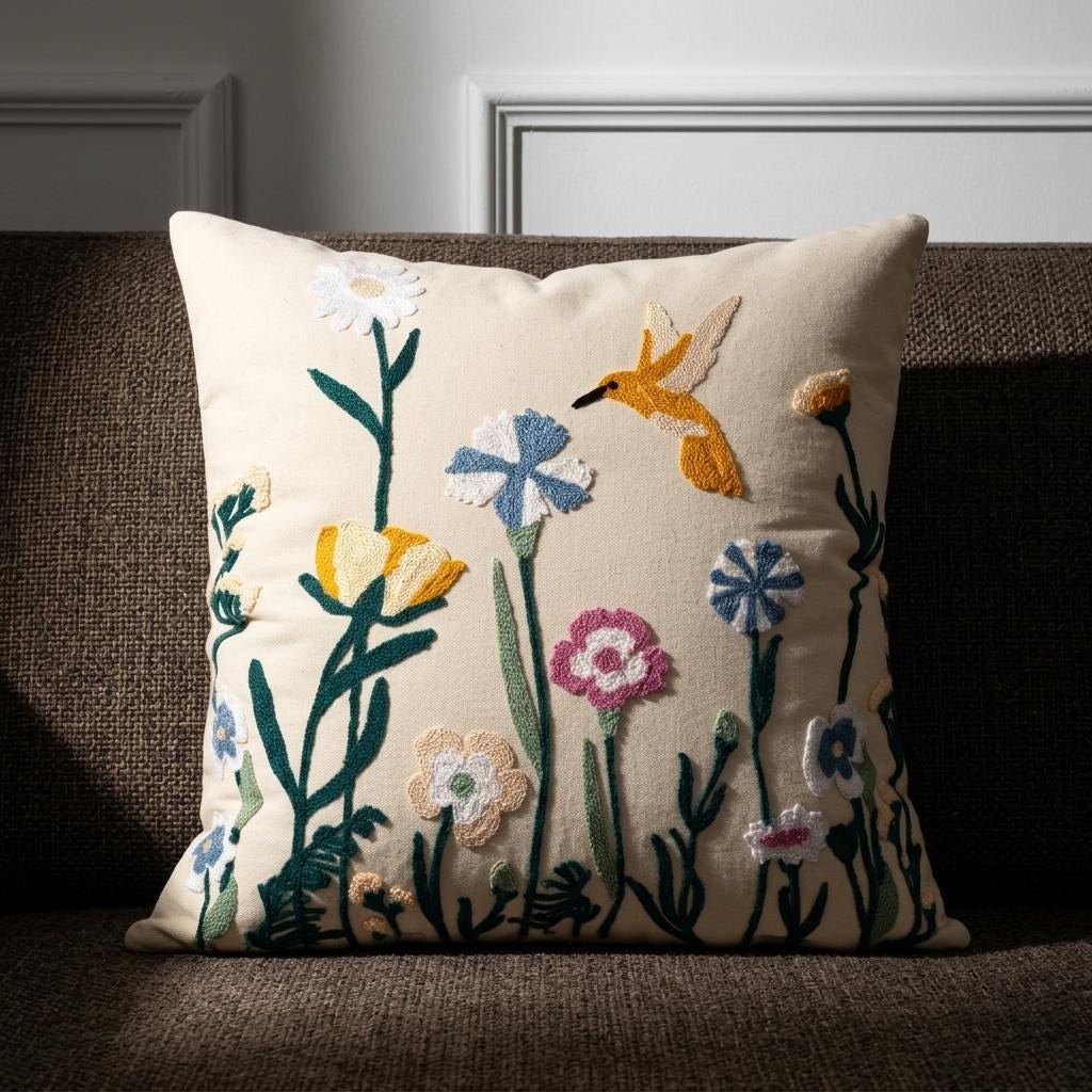 Artisan embroidered wildflower pillow cover with hummingbird motif on ivory cotton canvas, styled on a gray linen sofa