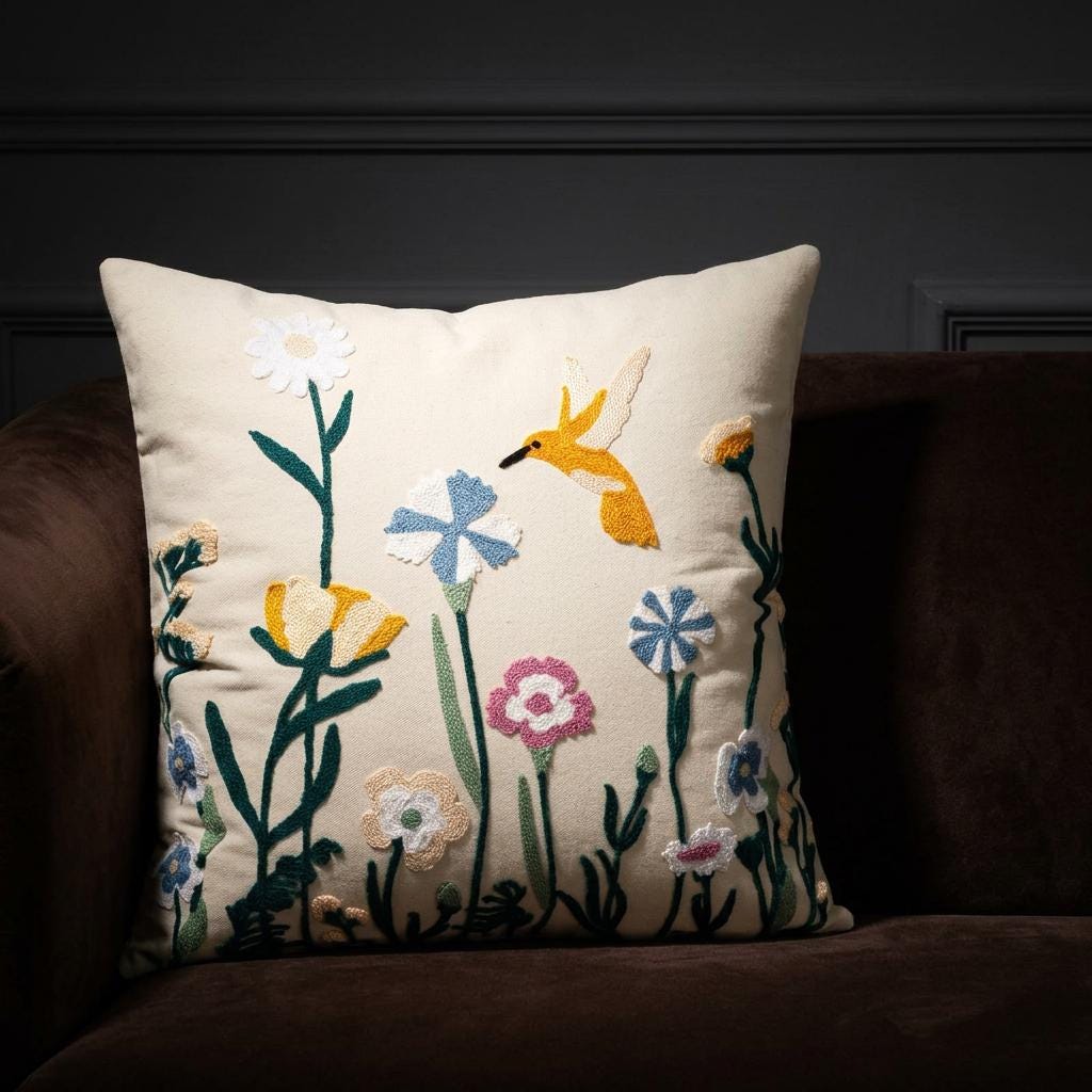 Embroidered Hummingbird Wildflower Throw Pillow Cover