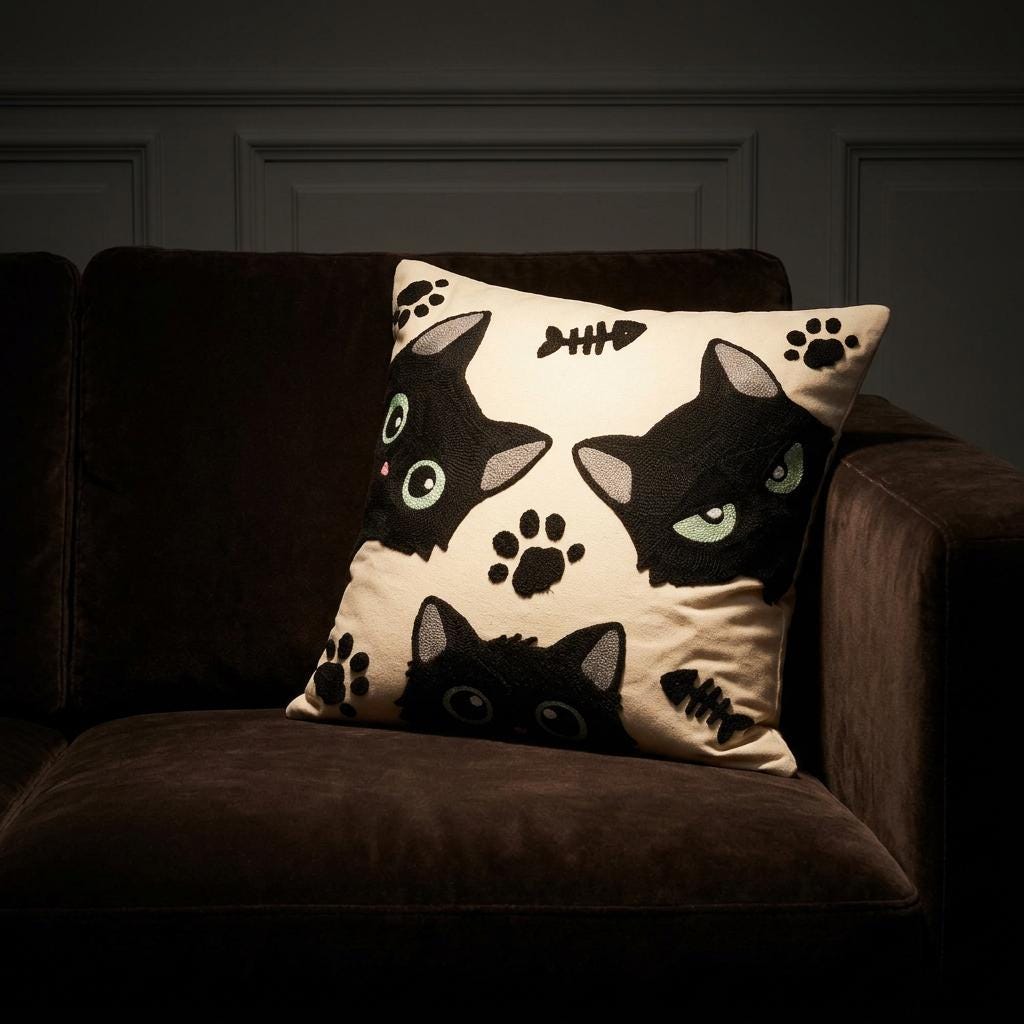 Handcrafted black cat embroidered throw pillow cover on a dark velvet sofa, moody interior styling