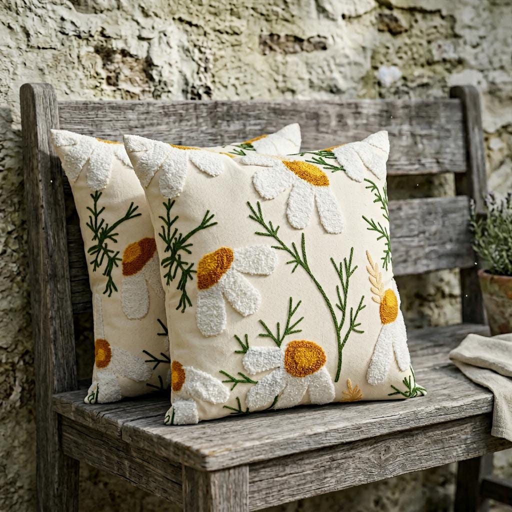 Daisy Embroidered Floral Pillow Cover Set of 2