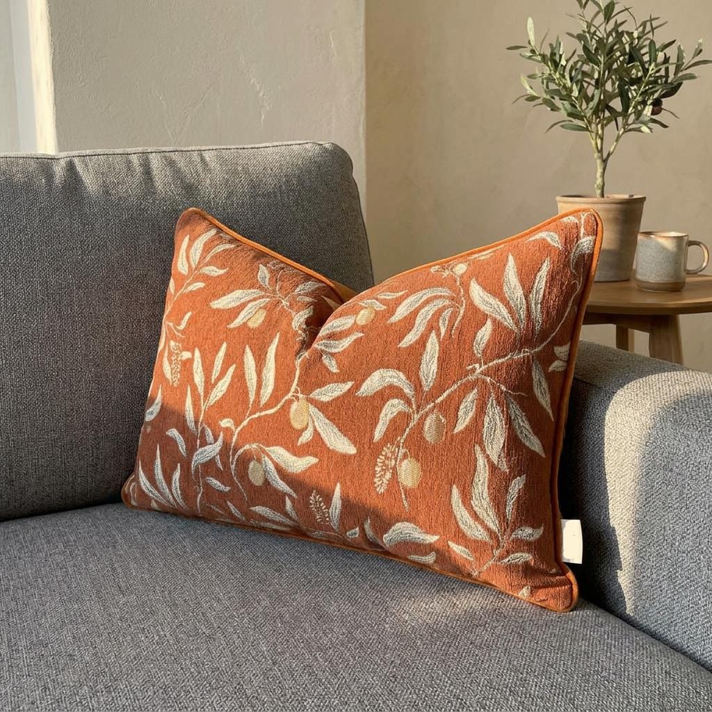 Burnt orange botanical chenille lumbar pillow cover with trailing leaf print, styled on gray sofa with olive tree decor