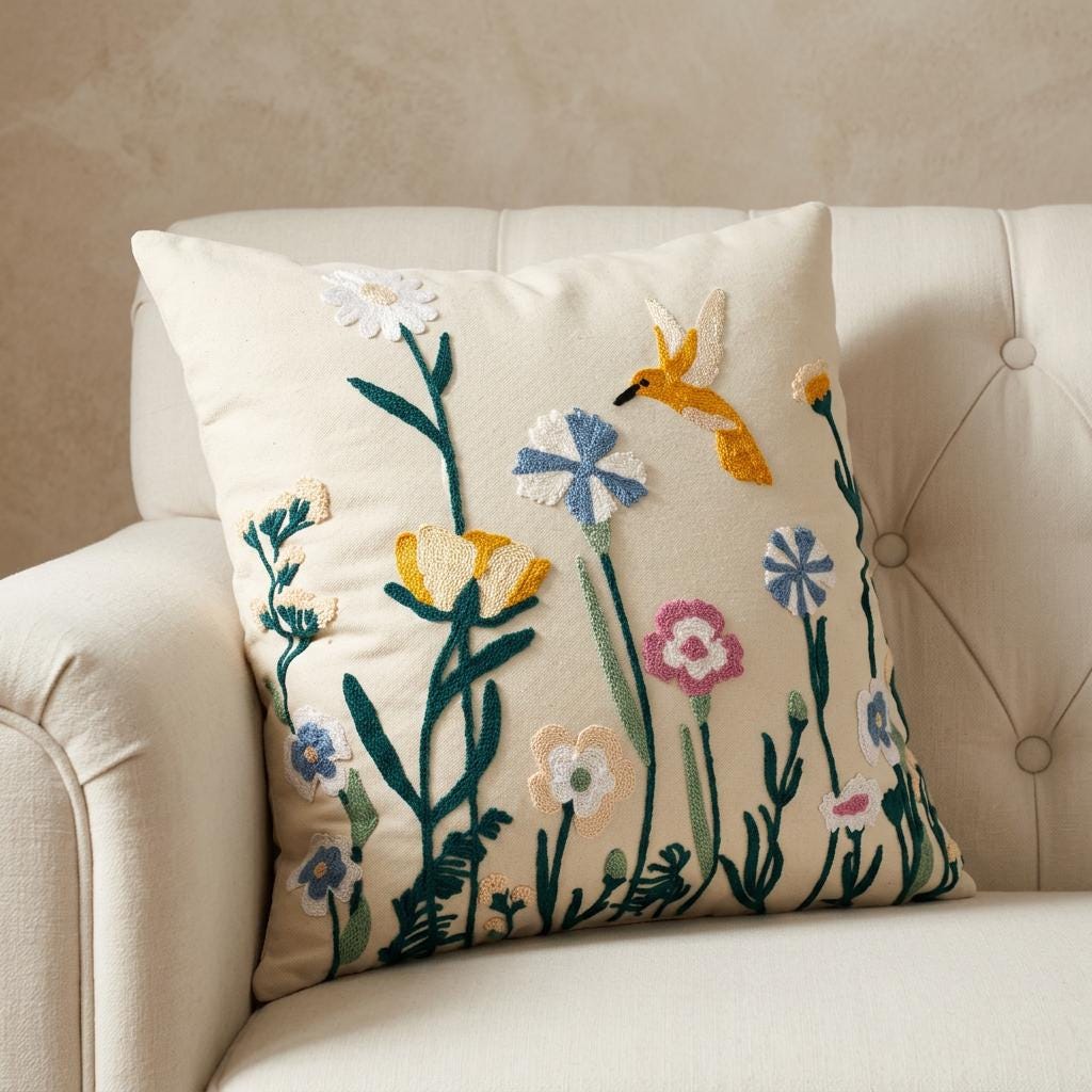 Cottagecore embroidered floral throw pillow cover with hummingbird on cream canvas, shown on a tufted white armchair