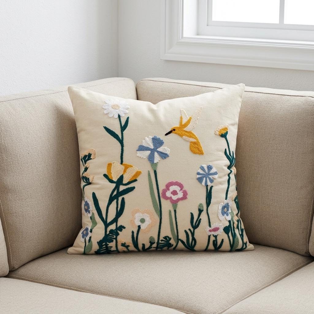 Embroidered hummingbird wildflower pillow cover styled on a beige sofa in a bright living room