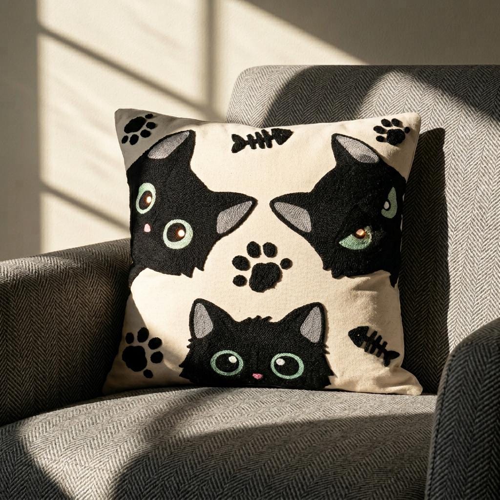 Artisan embroidered cat pillow cover with green-eyed black cats on an armchair in natural light
