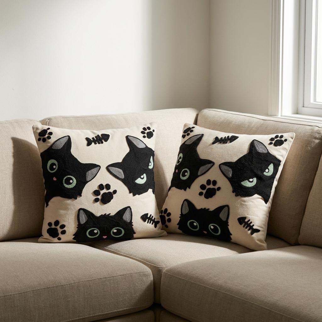 Two embroidered black cat cushion covers styled on a beige sofa in a bright living room