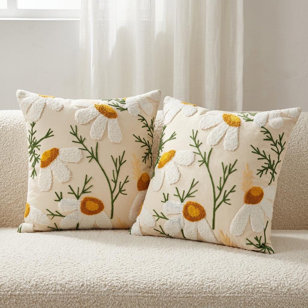 Daisy Embroidered Floral Pillow Cover Set of 2
