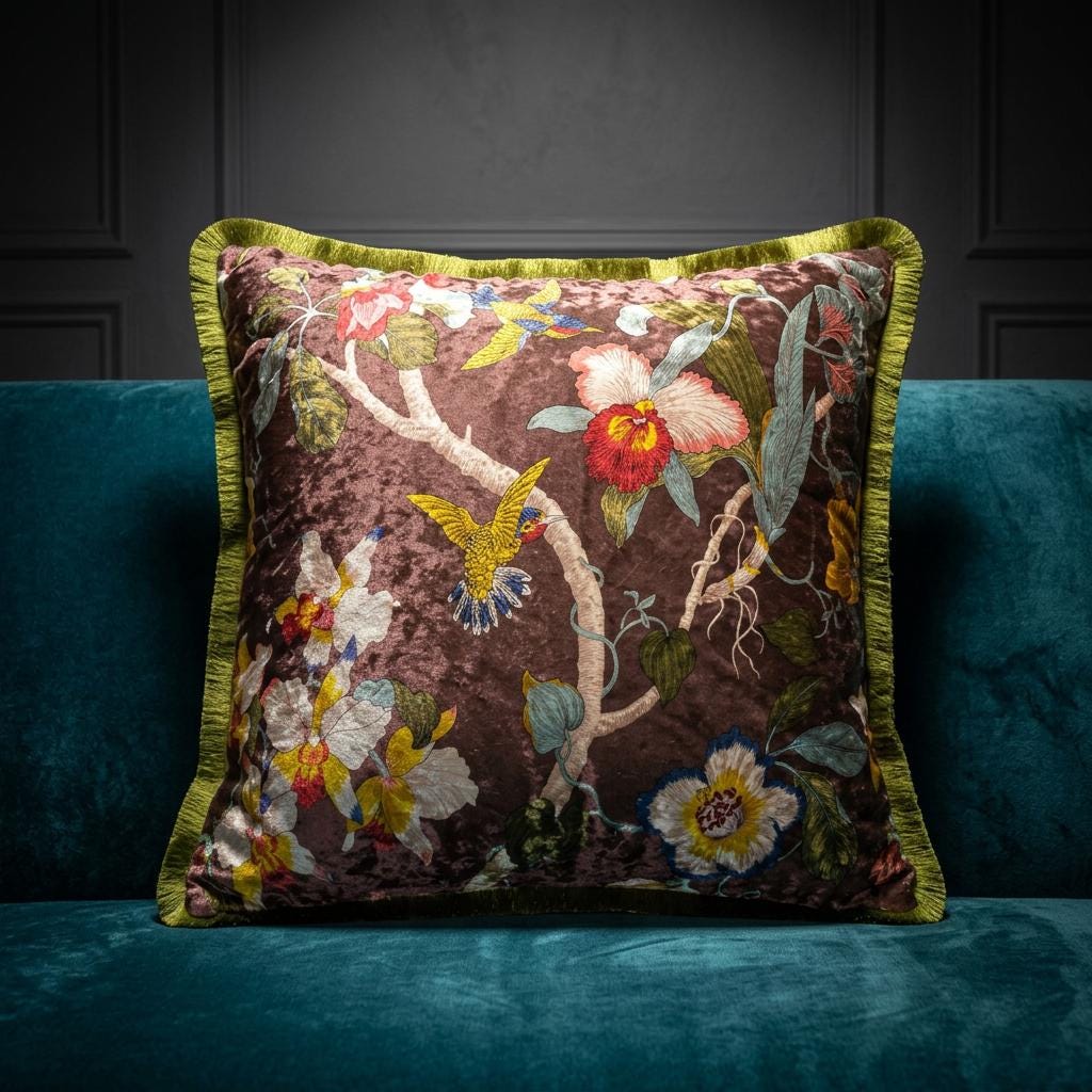 Japanese Floral Velvet Throw Pillow Cover