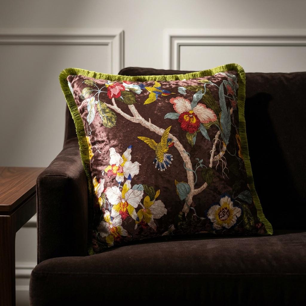 Japanese Floral Velvet Throw Pillow Cover