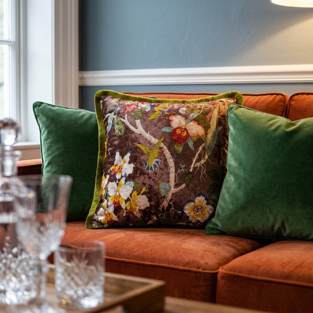 Japanese Floral Velvet Throw Pillow Cover
