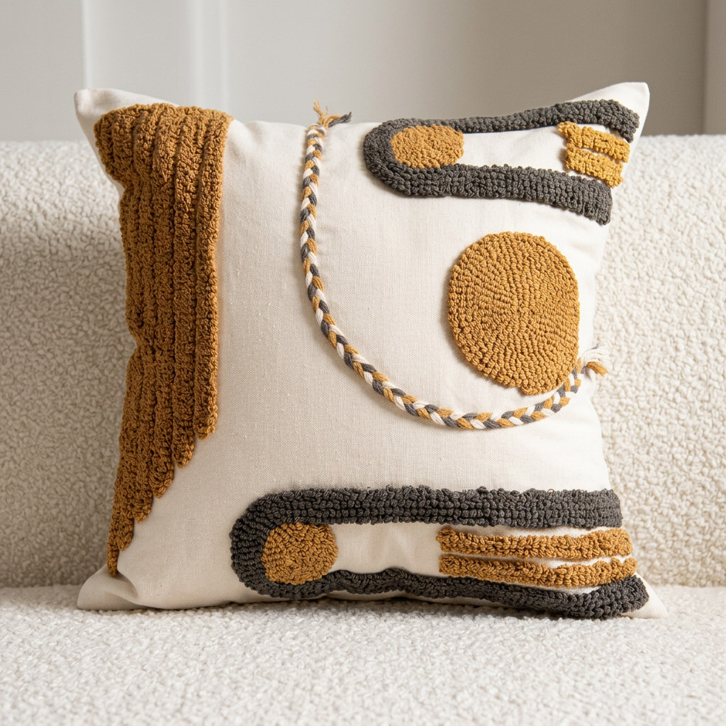 Artisan punch needle tufted throw pillow cover with abstract geometric design styled on a boucle sofa
