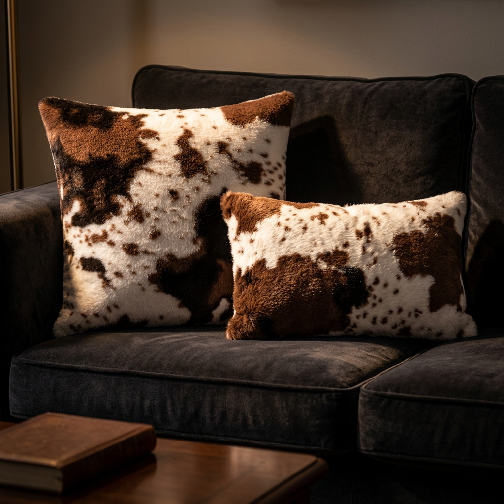 Vegan cowhide print faux fur decorative pillow covers set of 2 styled on dark velvet sofa