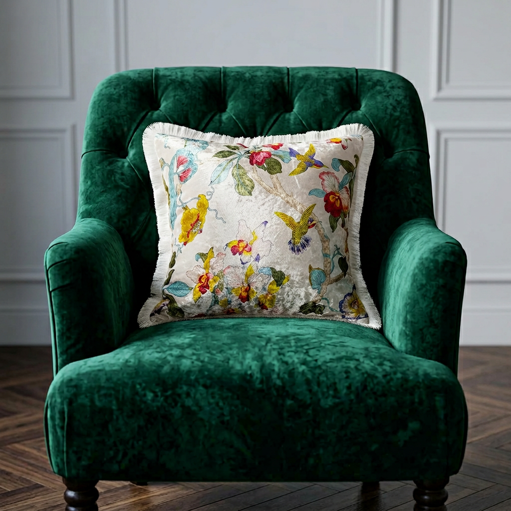 Japanese Floral Velvet Throw Pillow Cover