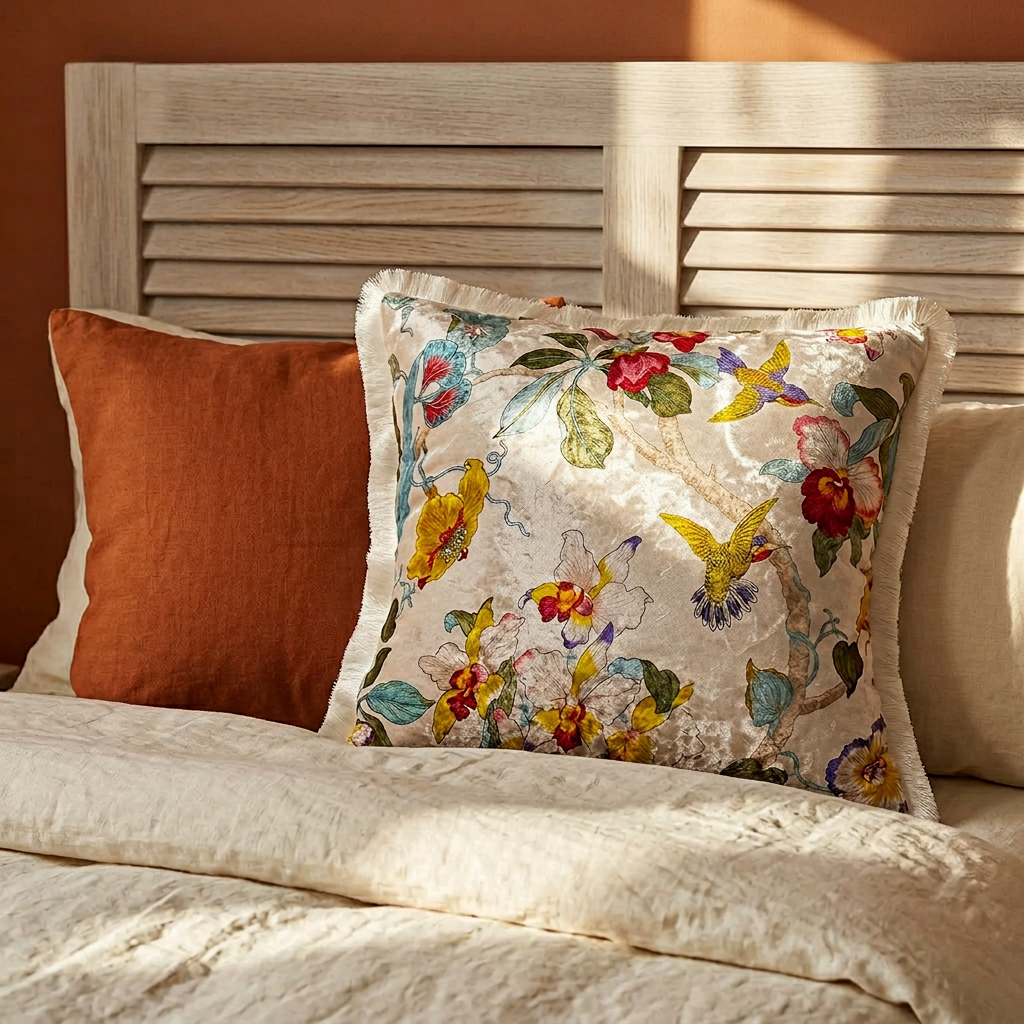 Japanese Floral Velvet Throw Pillow Cover