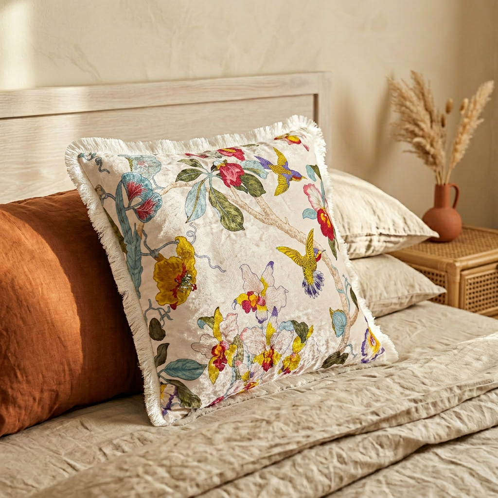 Japanese Floral Velvet Throw Pillow Cover