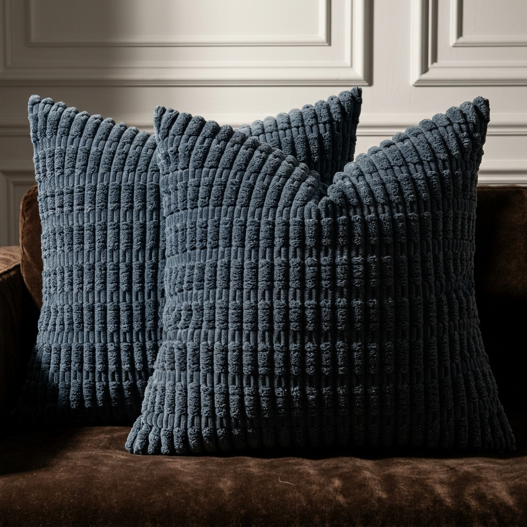 Set of 2 navy blue corduroy throw pillow covers styled on brown velvet sofa in classic living room setting