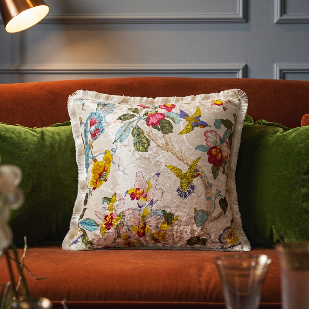 Japanese Floral Velvet Throw Pillow Cover