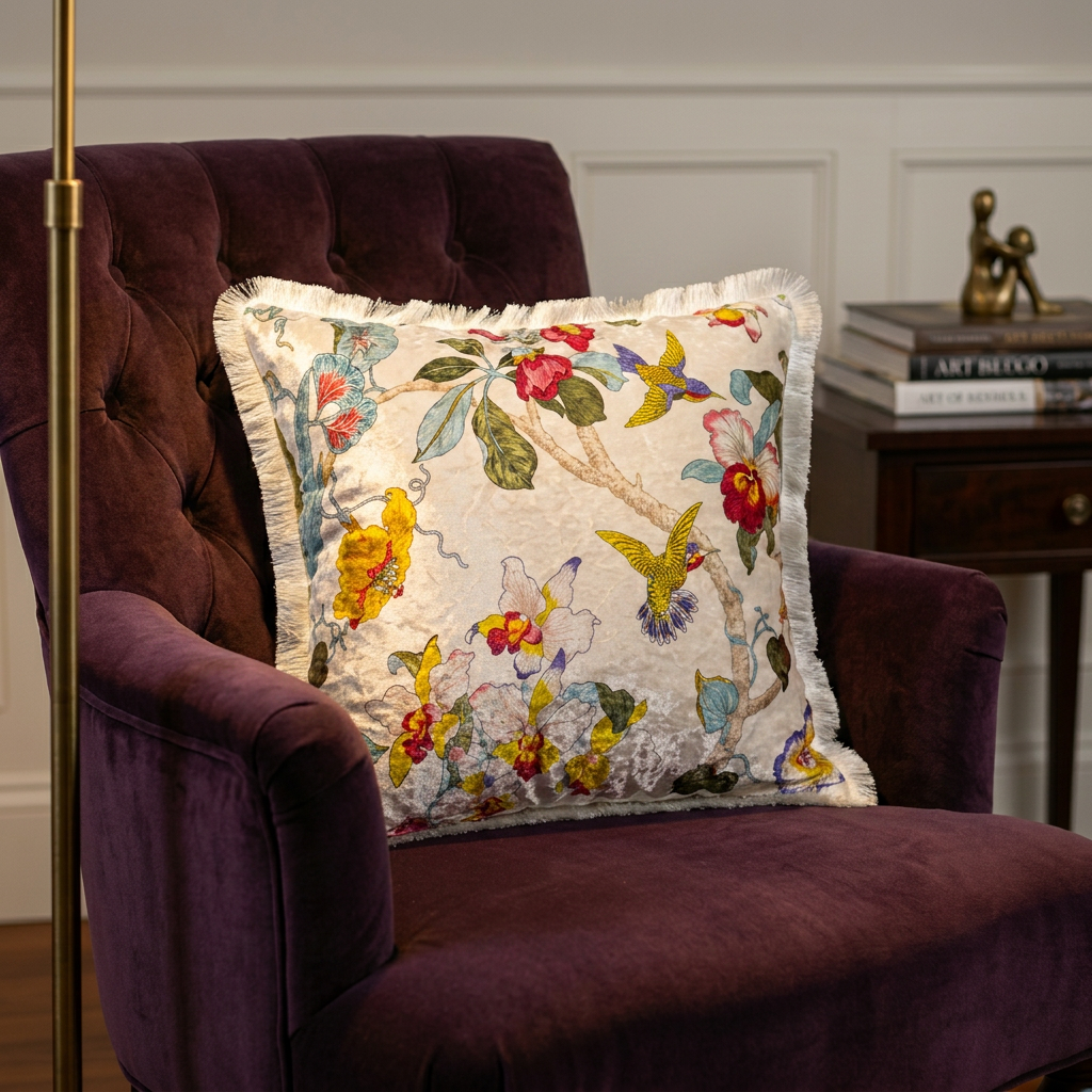 Japanese Floral Velvet Throw Pillow Cover