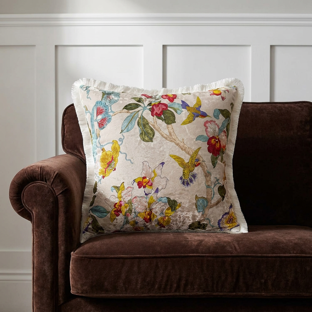 Japanese Floral Velvet Throw Pillow Cover