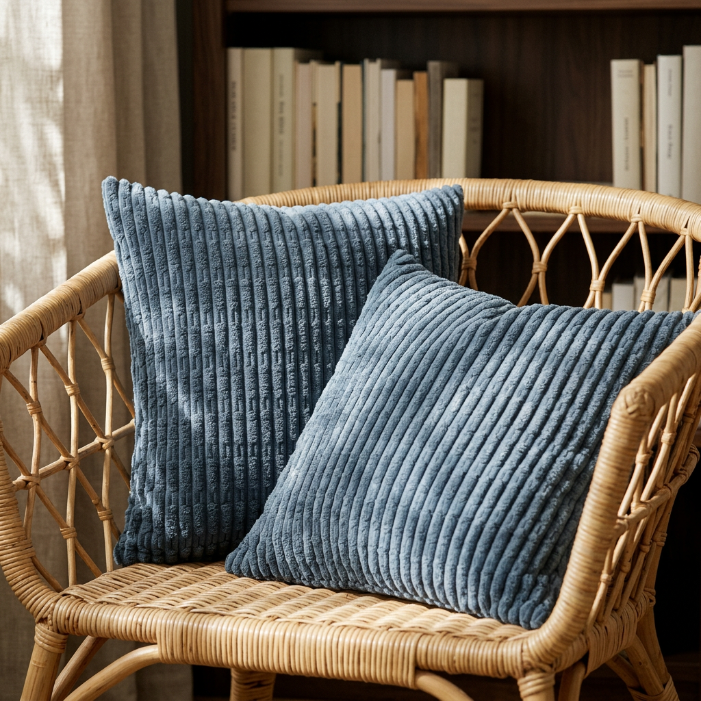 Two lighter blue corduroy pillow covers, one square and one rectangular, on a woven rattan chair by a sunlit window.