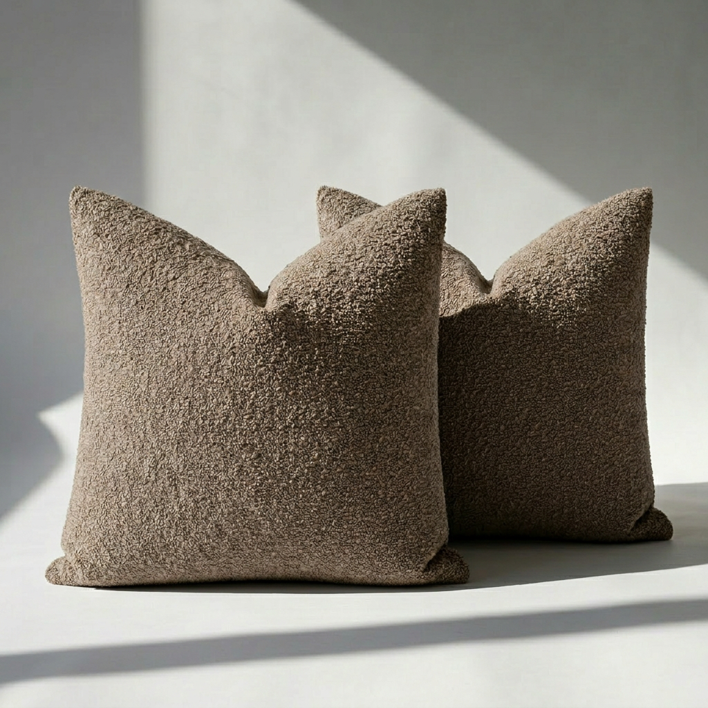 Set of 2 brown boucle throw pillow covers on white surface with soft natural light