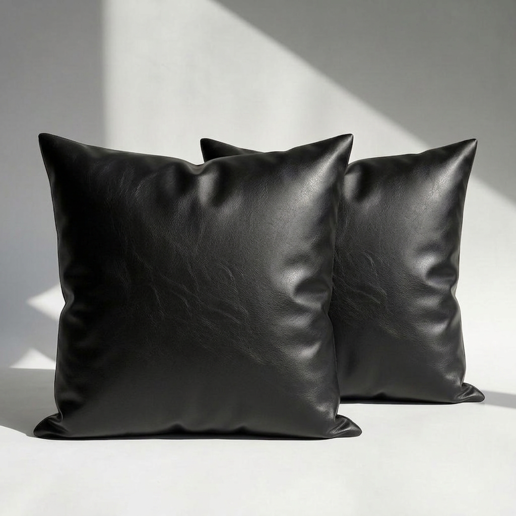 Set of 2 black vegan leather throw pillow covers on white surface – smooth grained texture