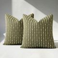 Set of 2 jacquard woven boucle throw pillow covers with raised cream stripe and dot pattern in olive green, square size
