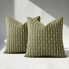 Set of 2 jacquard woven boucle throw pillow covers with raised cream stripe and dot pattern in olive green, square size