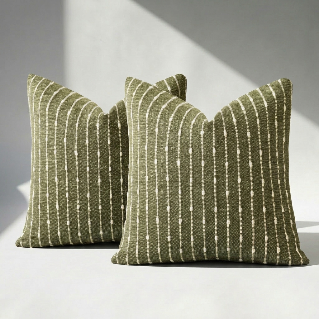 Set of 2 jacquard woven boucle throw pillow covers with raised cream stripe and dot pattern in olive green, square size