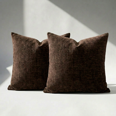 Set of 2 brown chenille throw pillow covers with plush looped texture on a white surface – Larissa Home Decor