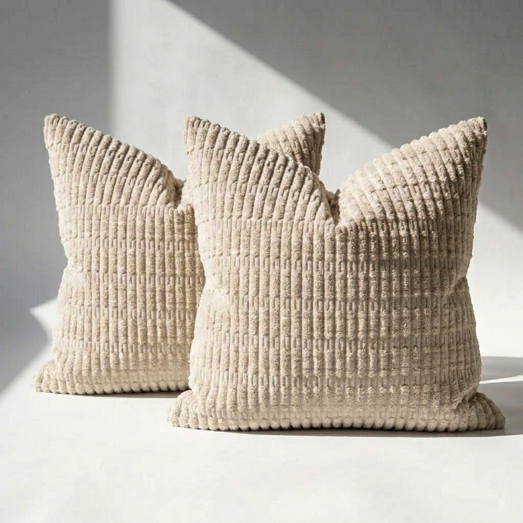Set of 2 beige corduroy throw pillow covers with wide-wale ribbed texture on white surface