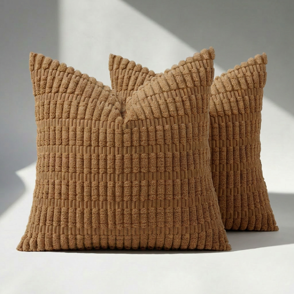 Set of 2 brown corduroy throw pillow covers with ribbed texture on white surface