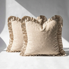 Set of 2 natural beige linen ruffle pillow covers with gathered border trim, farmhouse style