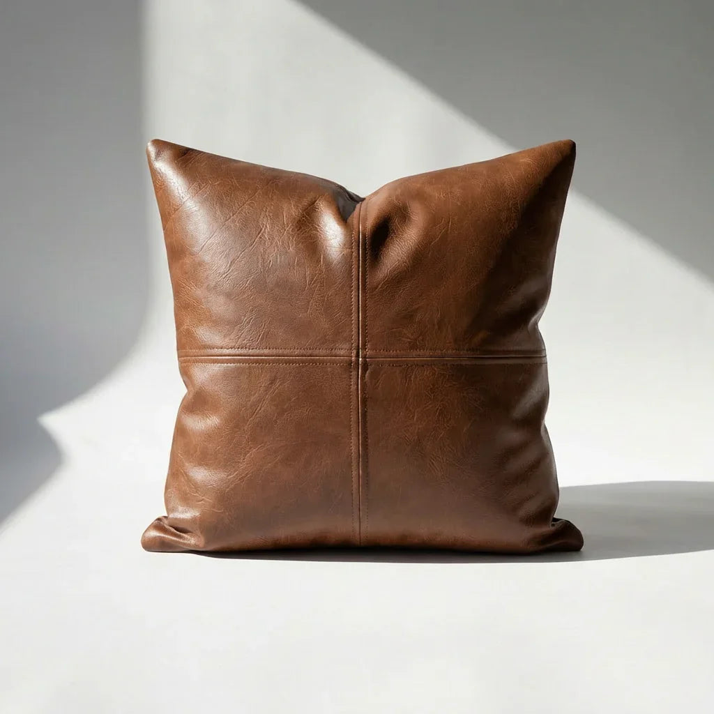 Brown vegan leather pillow cover with distressed texture and cross-stitch panel seam on white sofa