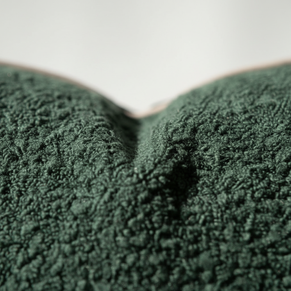 Close-up of deep green boucle fabric texture, showcasing its distinctive looped and knobby yarn surface.