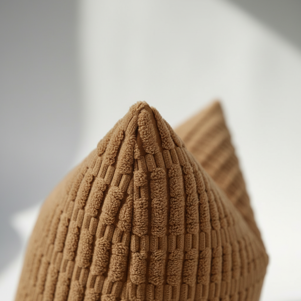 Close-up corner detail of brown corduroy pillow cover showing rib-and-loop weave