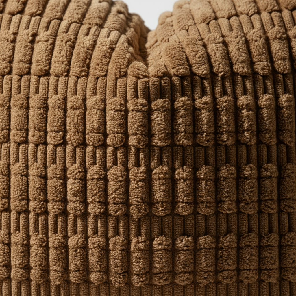Macro detail of brown corduroy pillow cover ribbed texture pattern